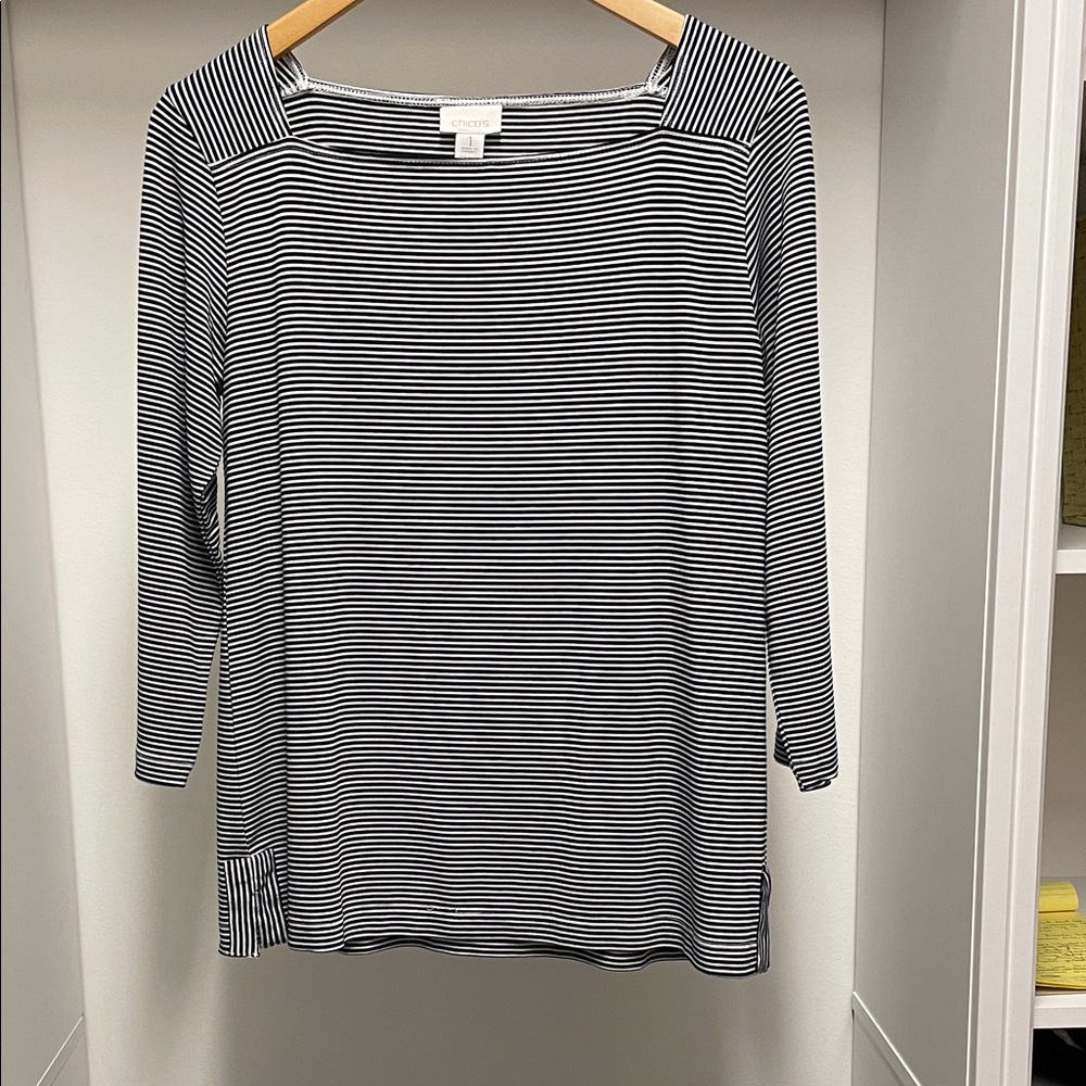 Chico's Black and White Striped Top Square Neckline Vented Hem Size 1